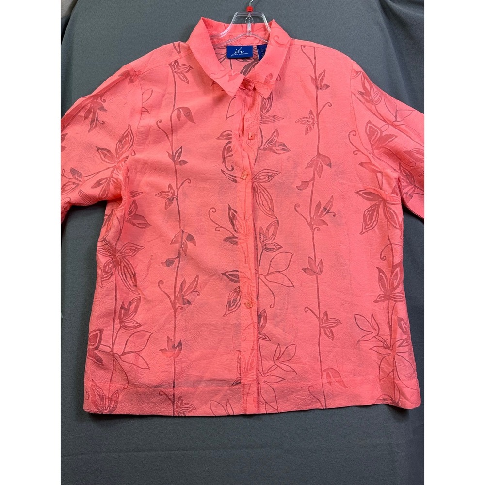 JH Collectibles Women XL Coral Pink Floral Burnout Button Up Blouse 3/4 Sleeve